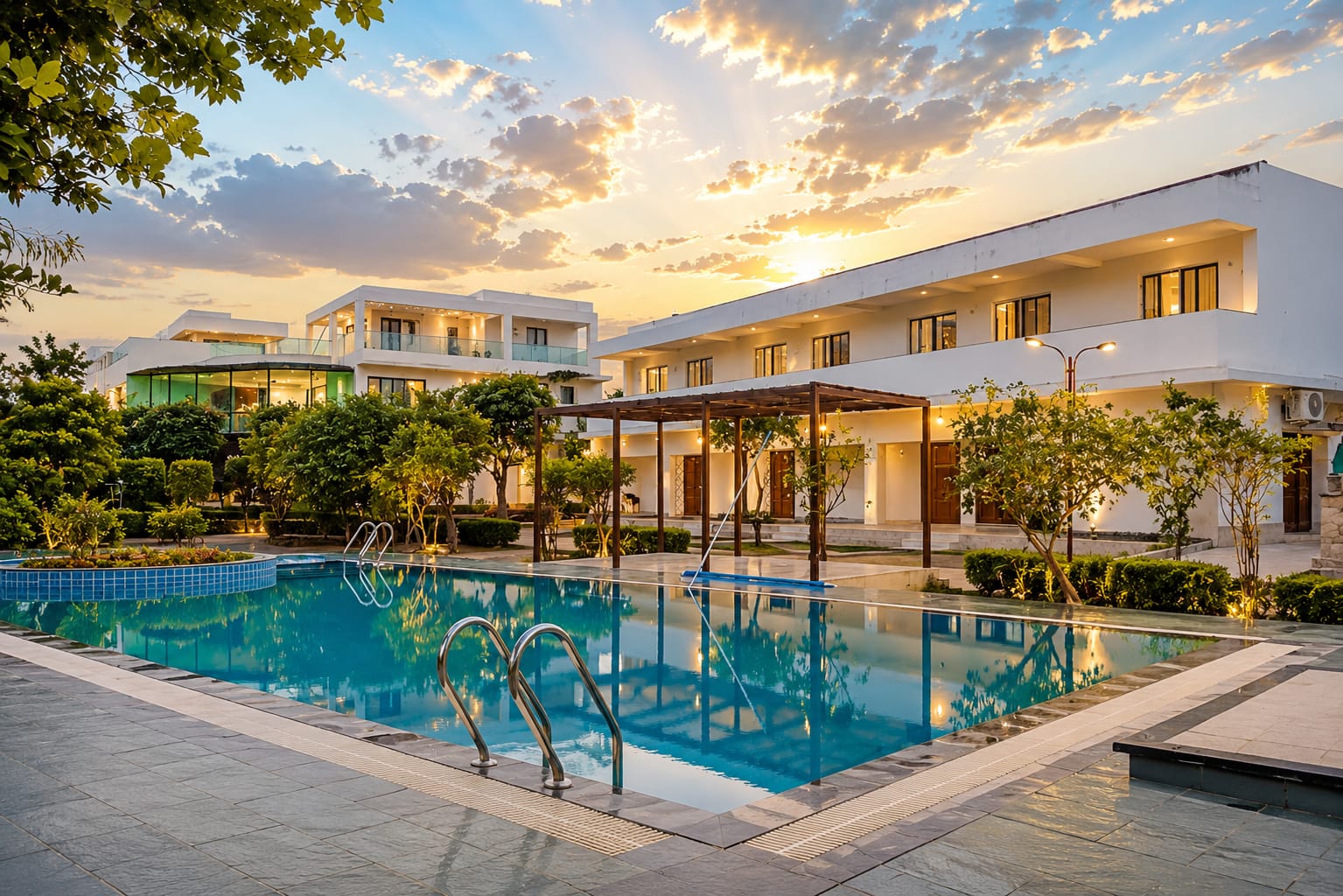 Pool Party Venue Jaipur - Sahibs Rajbagh Resort swimming pool at dusk