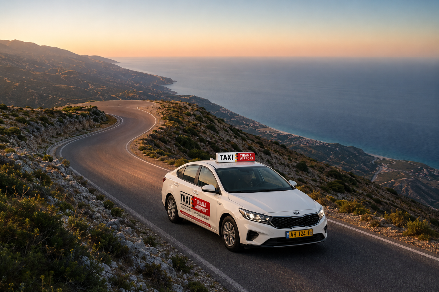 TIA TAXI sedan on the Albanian Riviera coastal road at sunset
