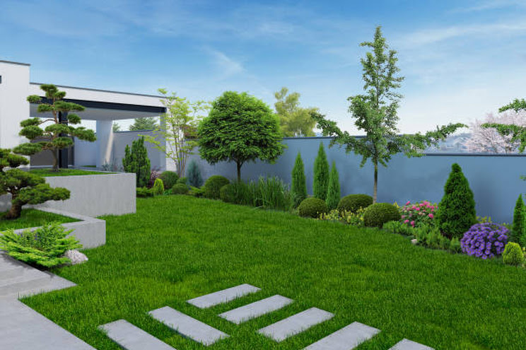 Modern garden with evening landscape lighting