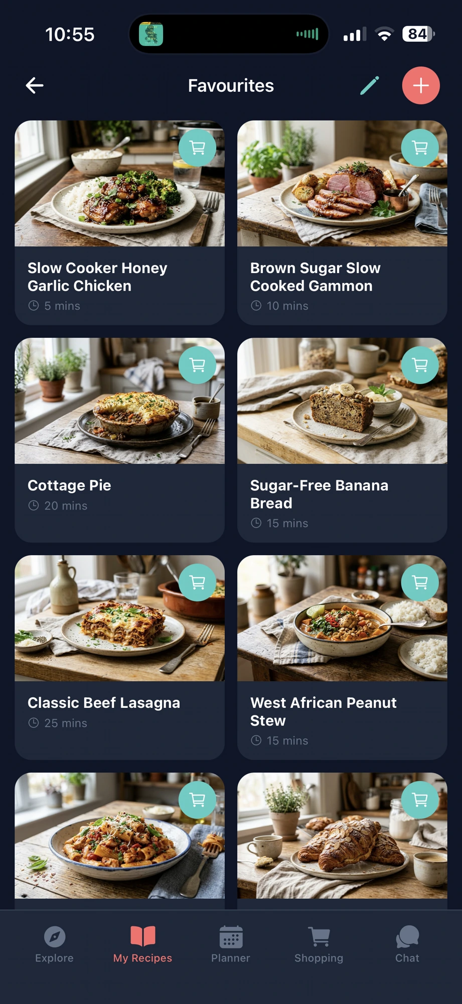 Favourites with add to shopping list buttons