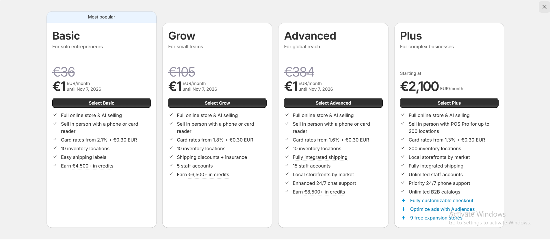 Shopify pricing tiers comparison: Basic, Grow, Advanced and Plus