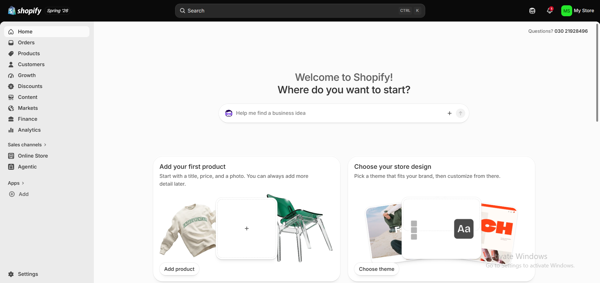 Shopify dashboard home showing a clean initial setup