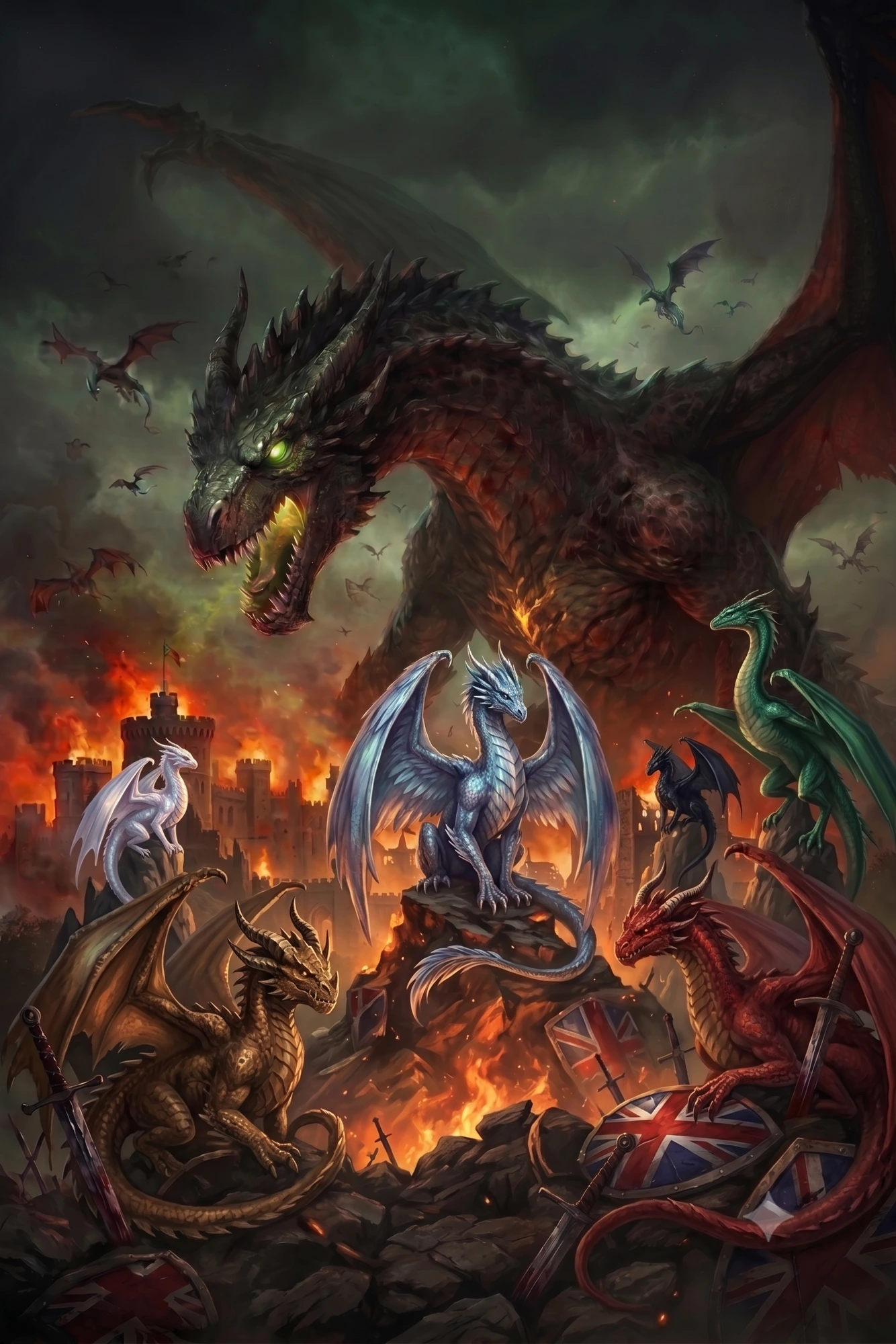 Boris and his court of dragons over burning Britain