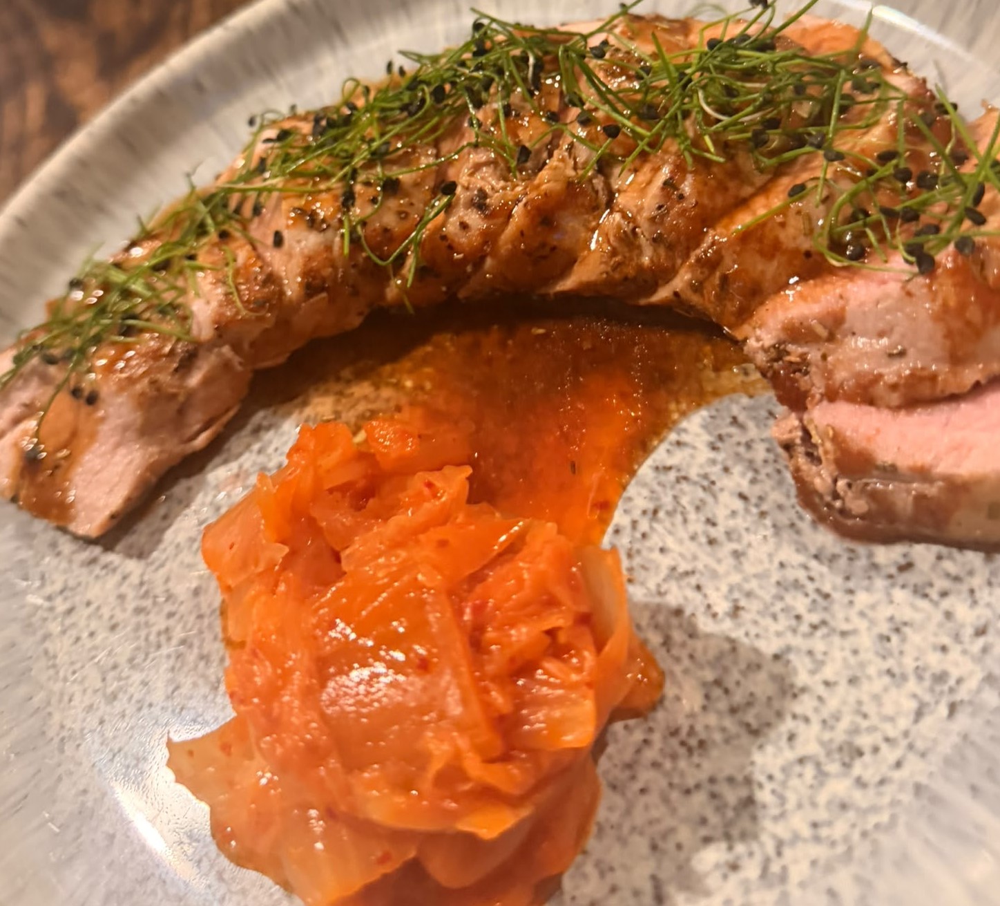Sliced pork with carrot purée