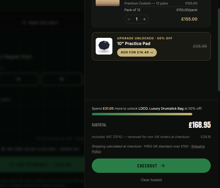 Cart Upgrade — an unlocked offer at 50% off, Add or Skip
