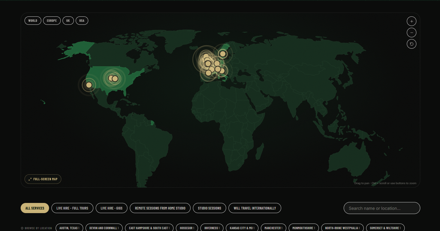 “Hire Our Artists” — the session-drummer directory on a live world map