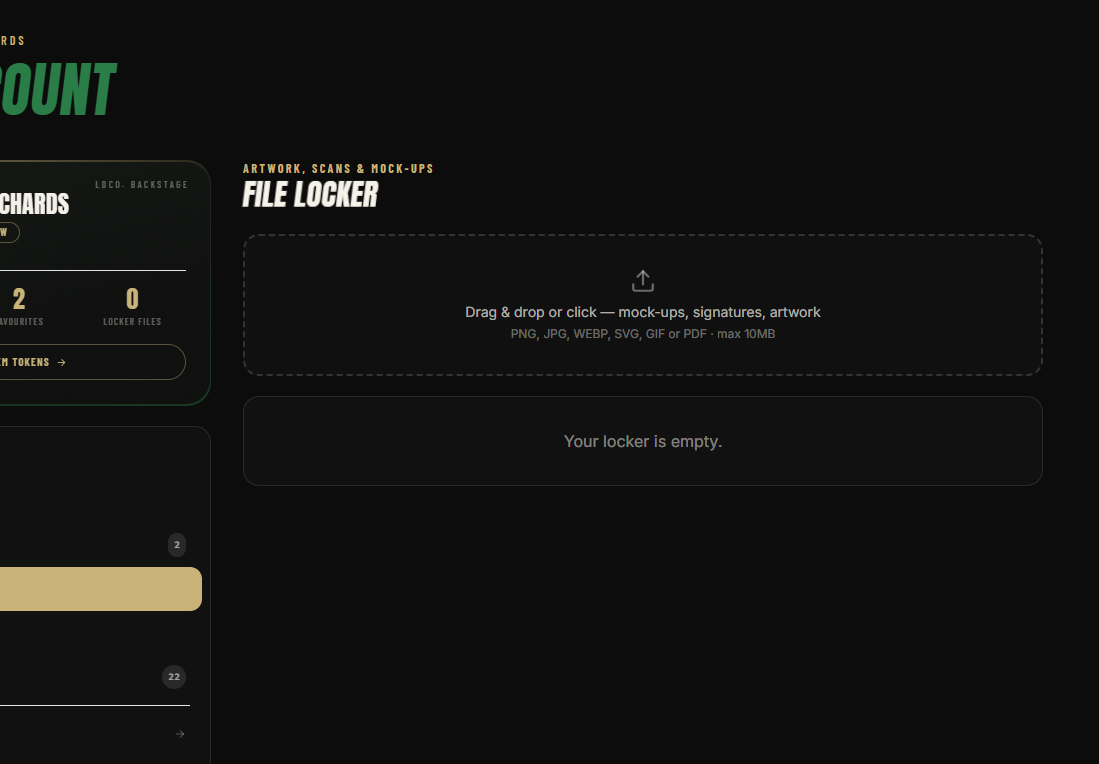 Personal File Locker — drop artwork, scans & mock-ups (PNG/JPG/SVG/PDF)