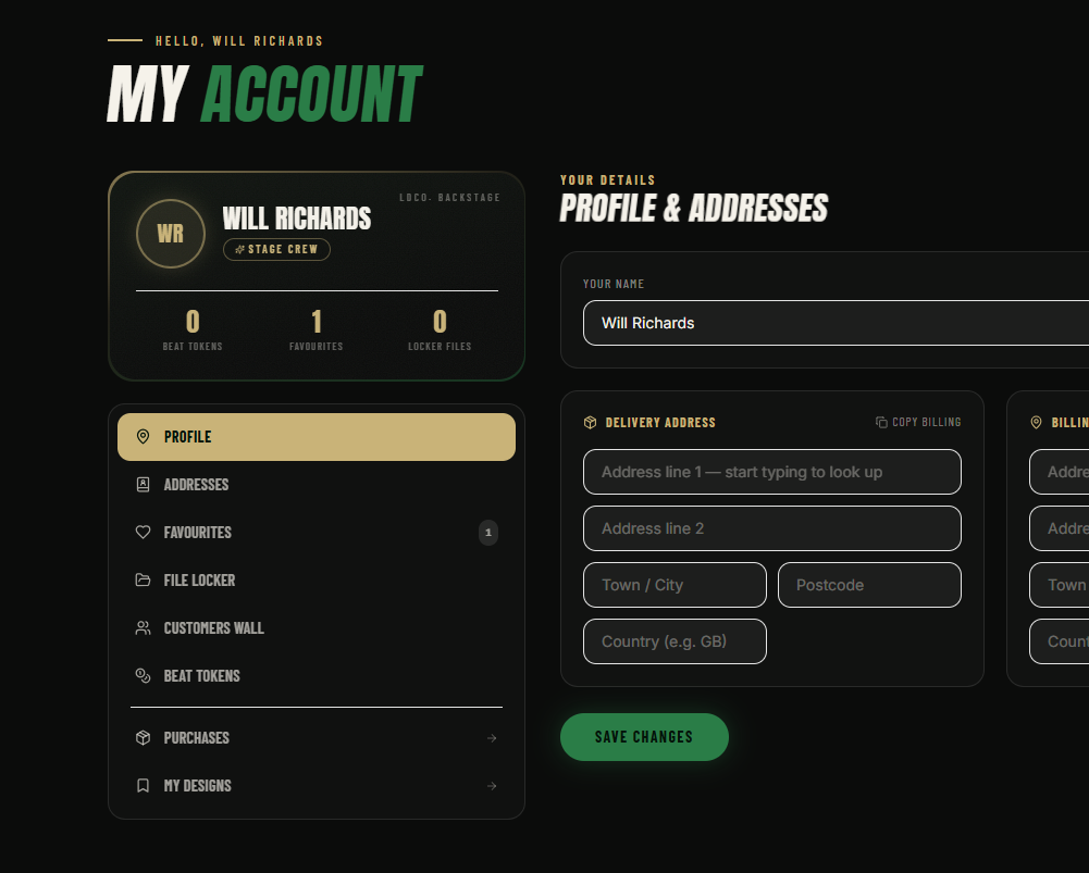 The Backstage Pass — profile, saved addresses, tokens & file locker