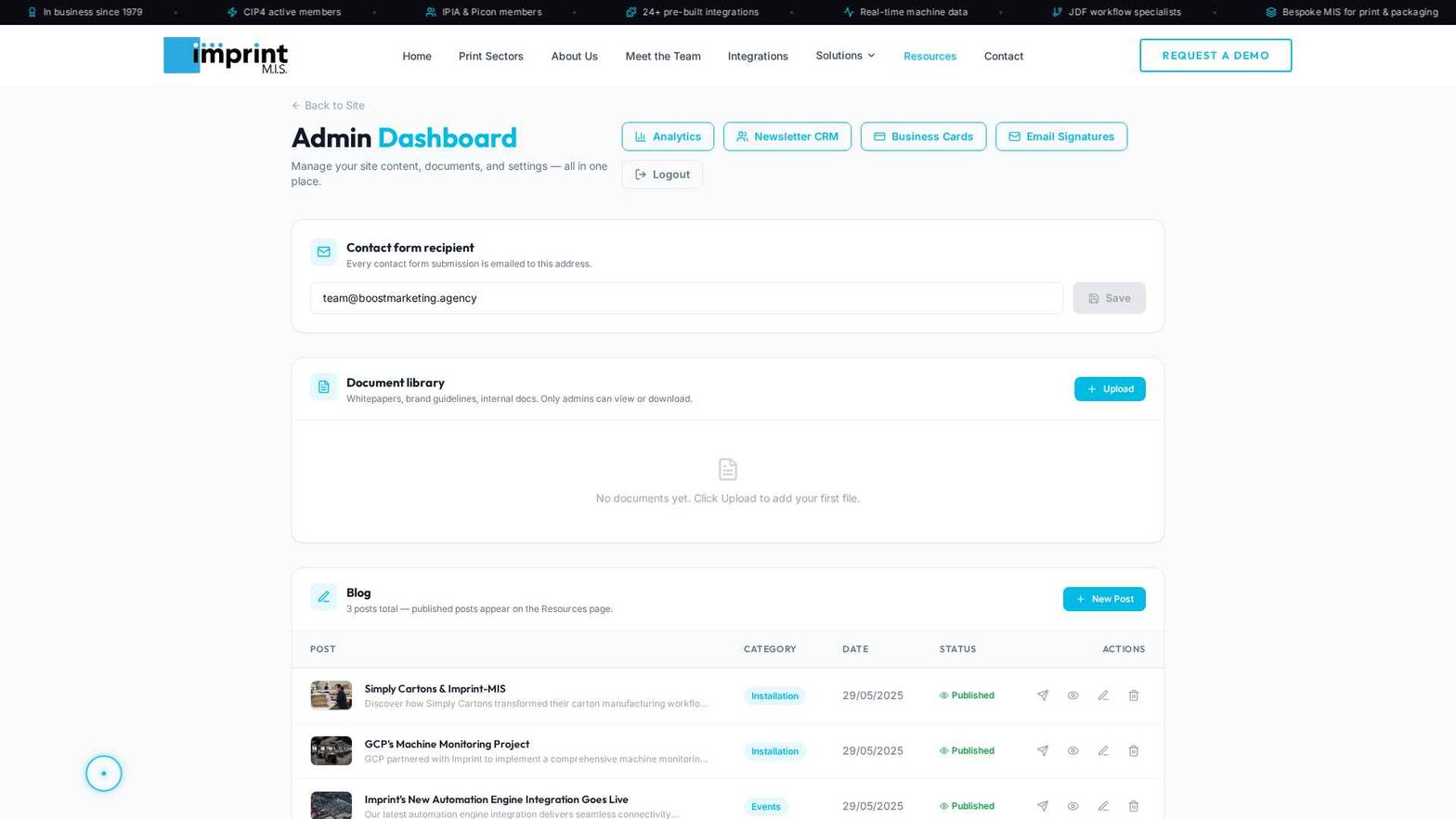 Admin dashboard — content, documents & settings in one place.