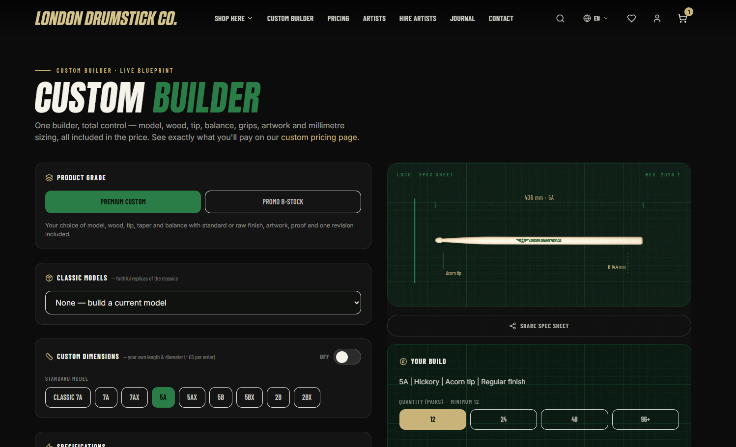 Custom Stick Builder — model, wood, tip, millimetre sizing & live spec sheet