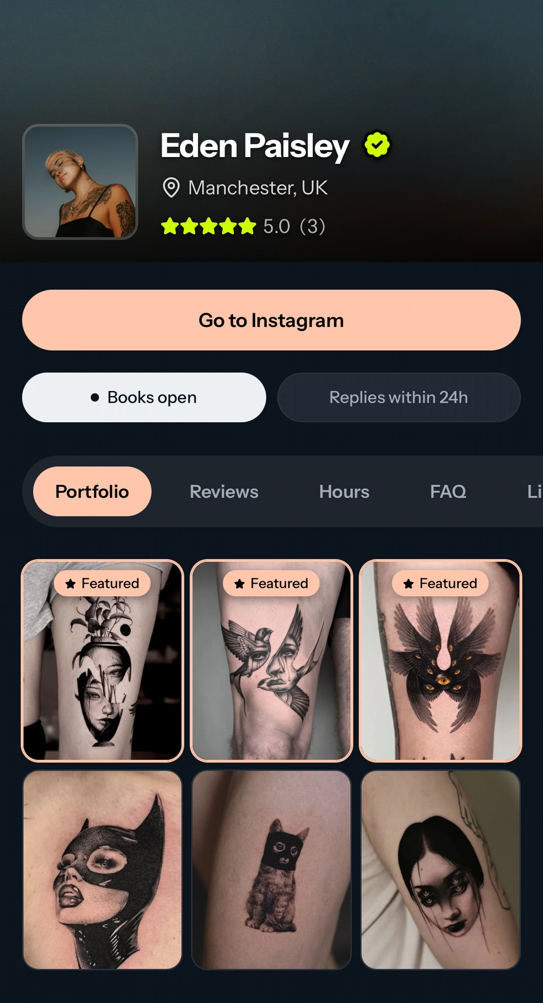 Example Tattou artist profile