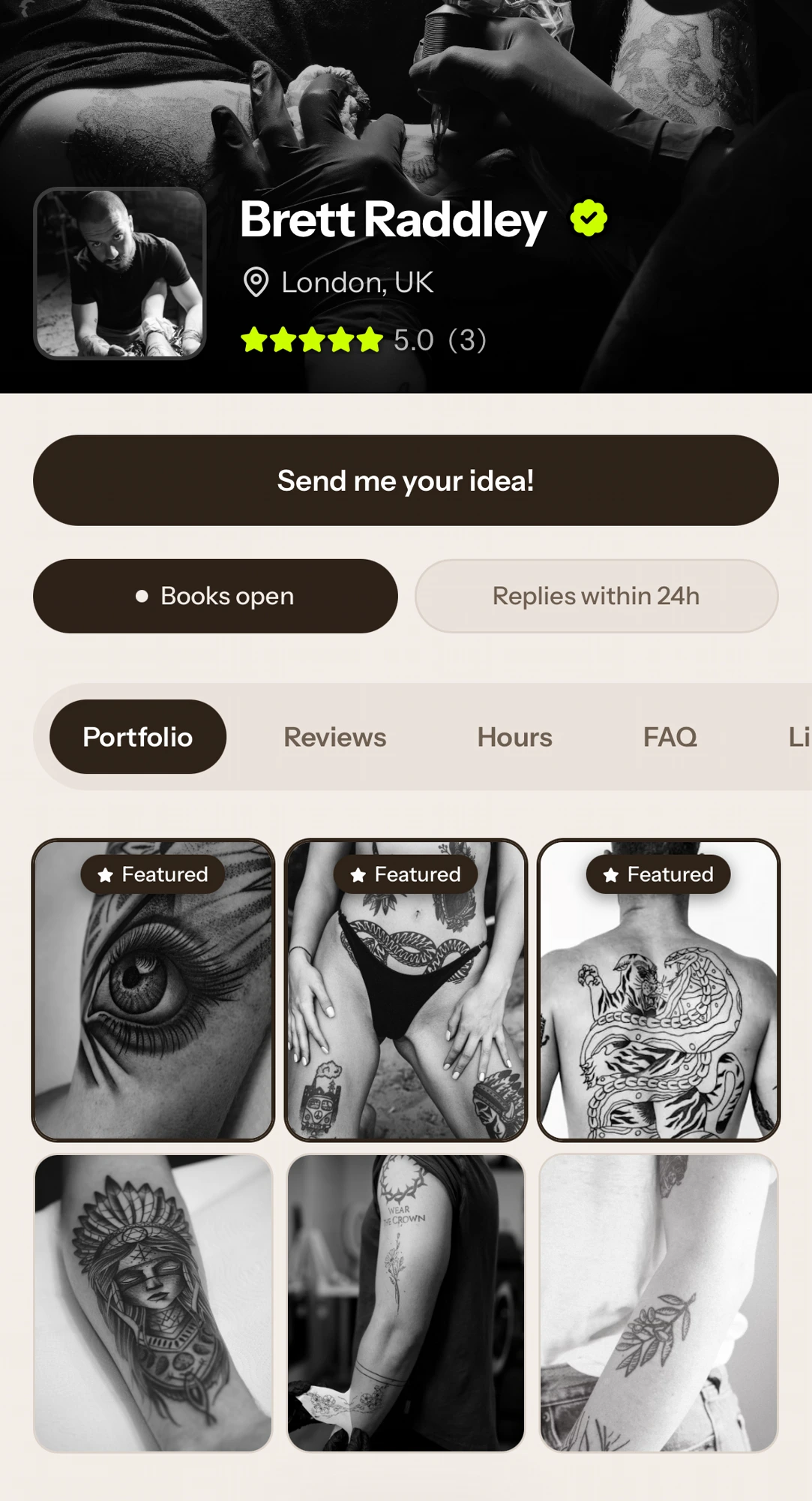 Example Tattou artist profile