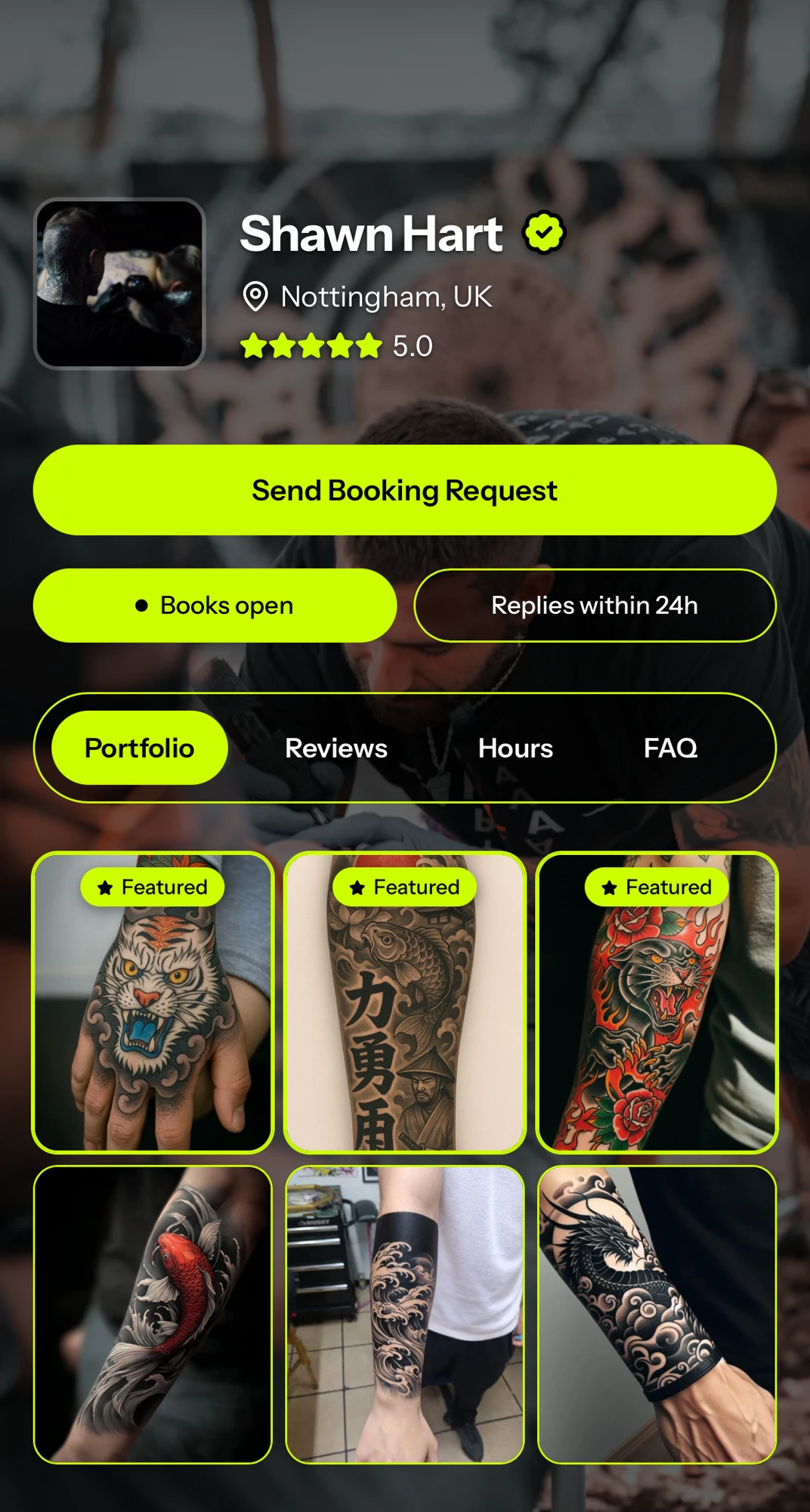 Tattou artist profile — portfolio, flash, reviews, pricing and booking in one link