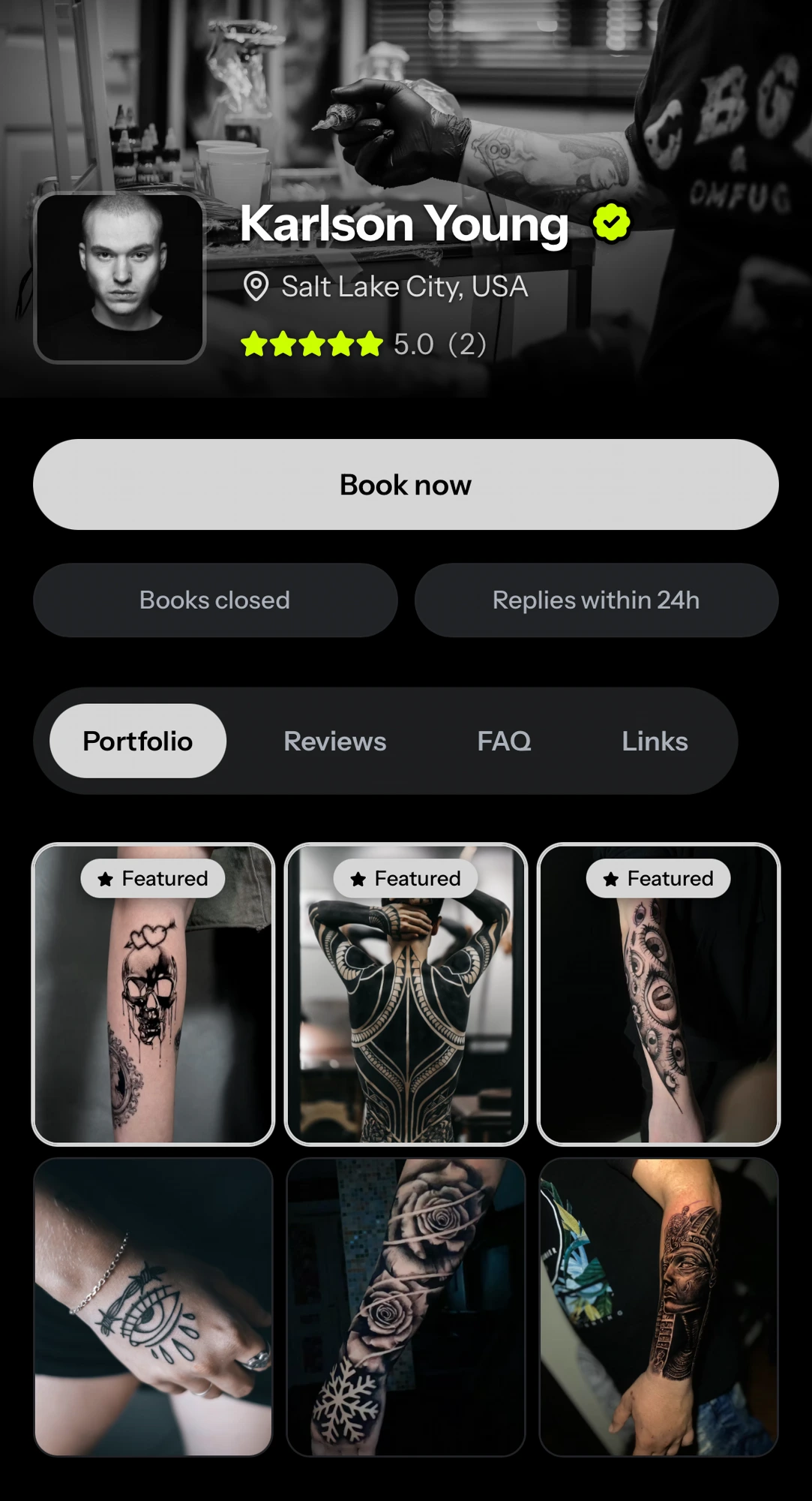 Example Tattou artist profile