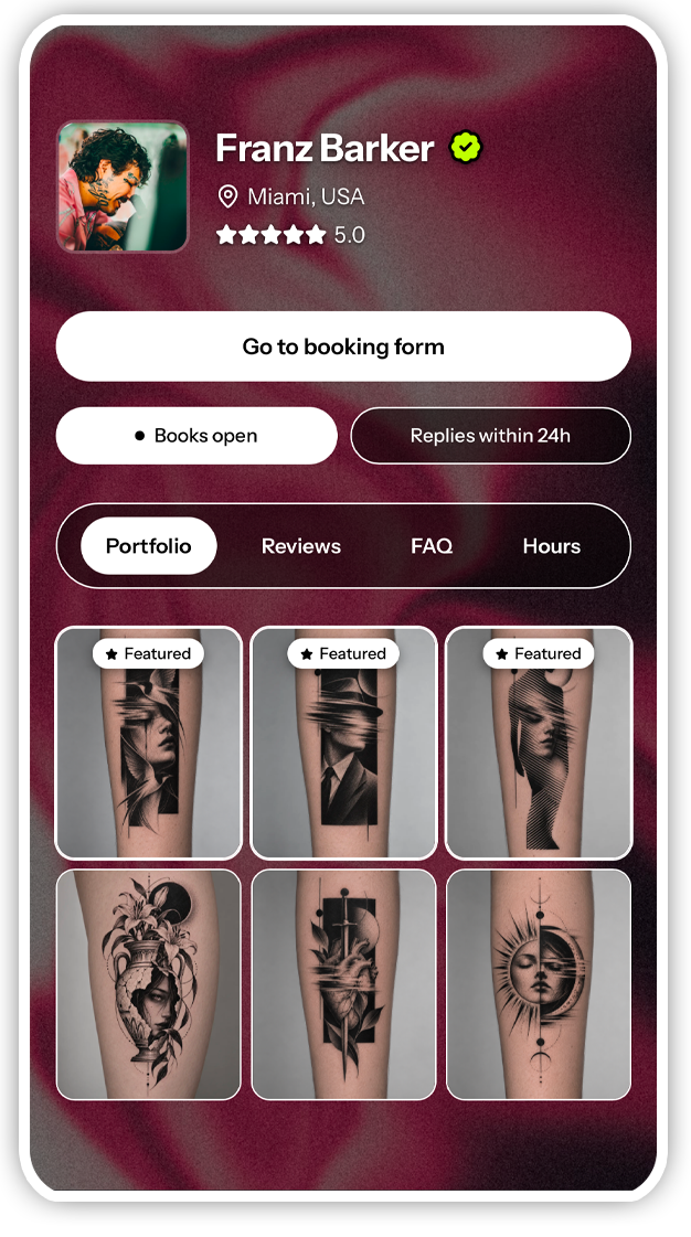 Tattou artist profile — Franz Barker — send enquiries to your existing booking setup