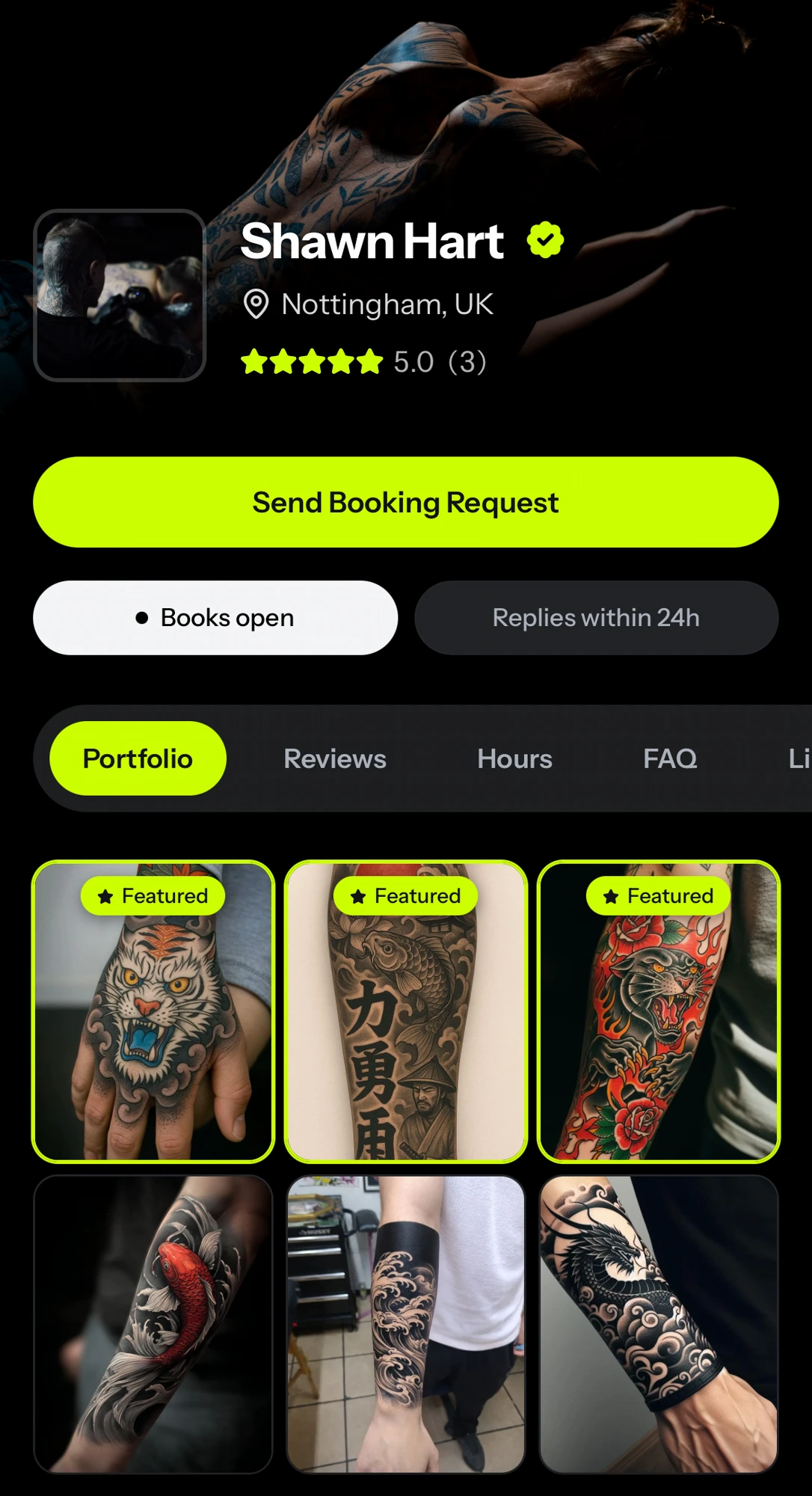 Tattou artist profile — portfolio, flash, reviews, pricing and booking in one link