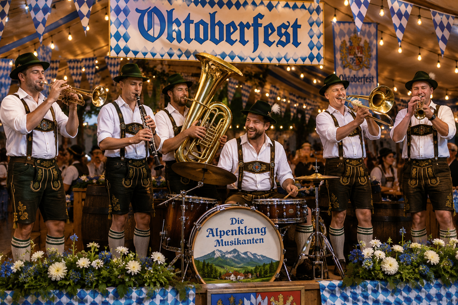 Traditional Bavarian oompah brass band performing at Oktoberfest