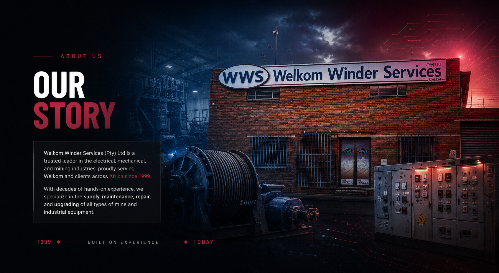 Welkom Winder Services facility with mine winder and electrical engineering equipment