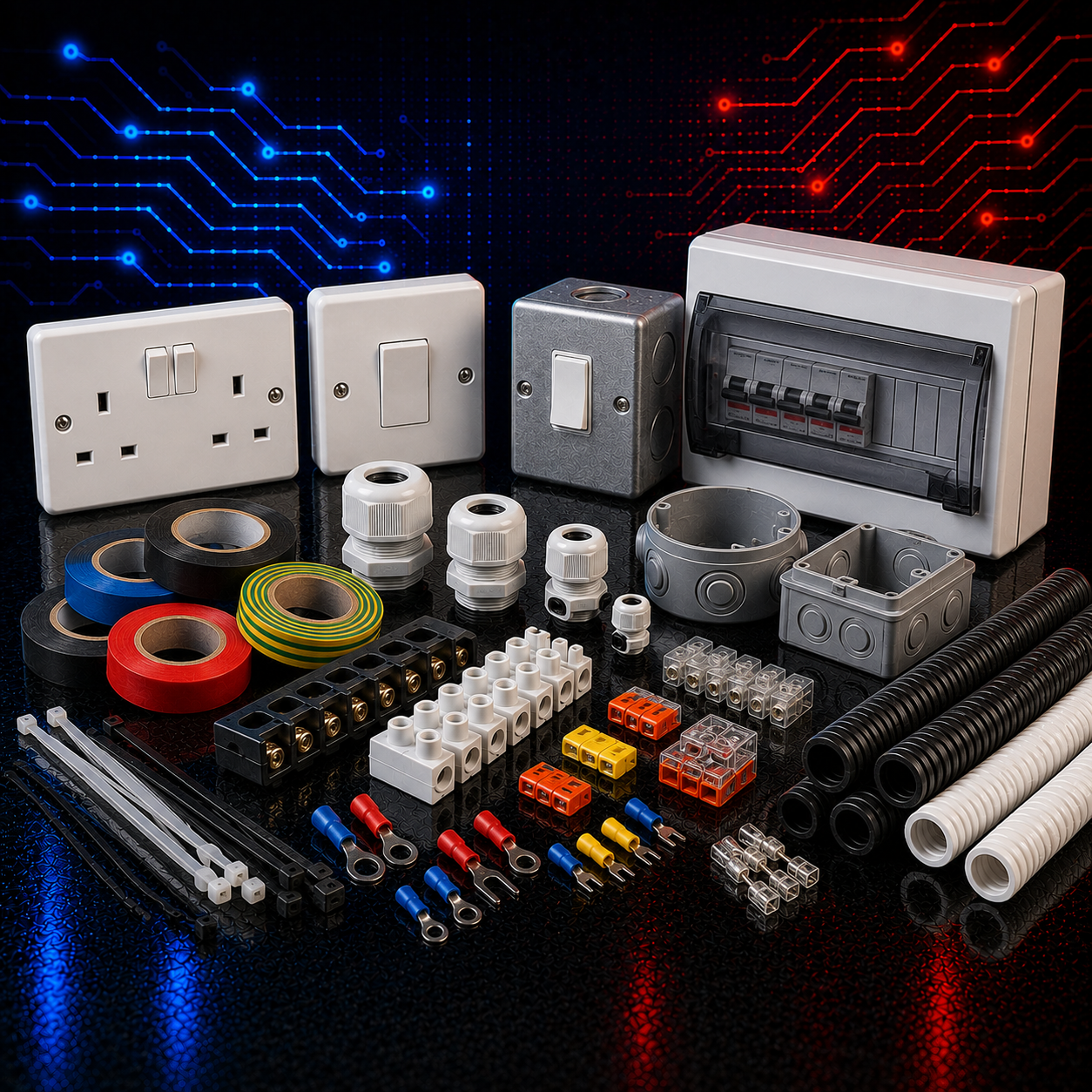 Electrical wiring accessories, switches, sockets, cable glands, terminals and conduit