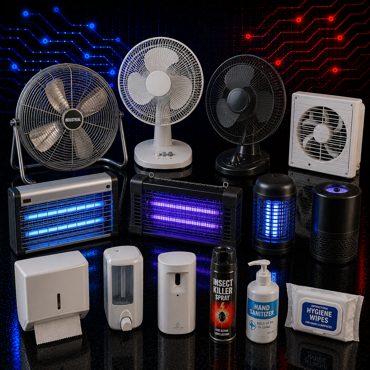 Fans, ventilation equipment, insect control products and workplace hygiene supplies