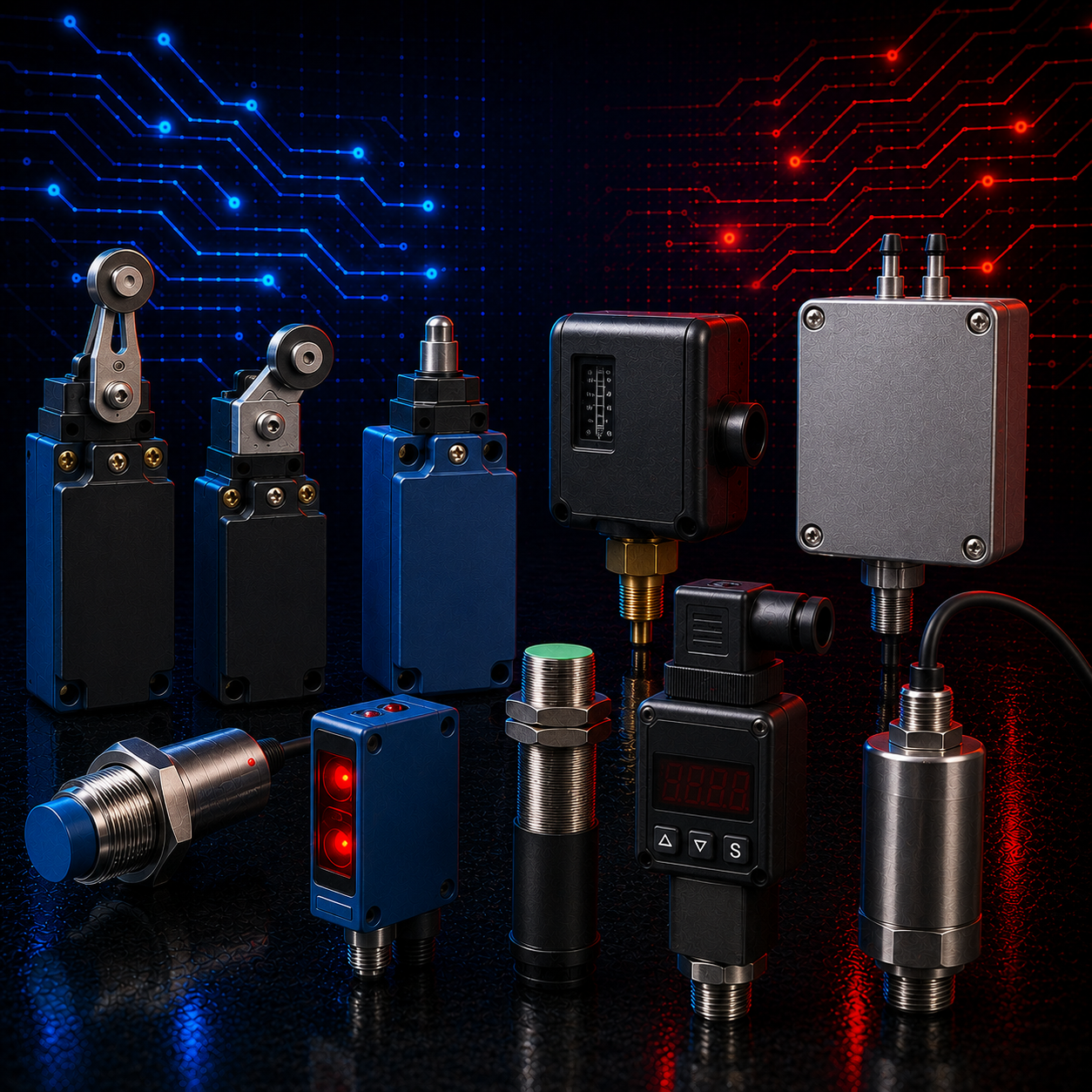 Industrial limit switches, pressure switches and sensors