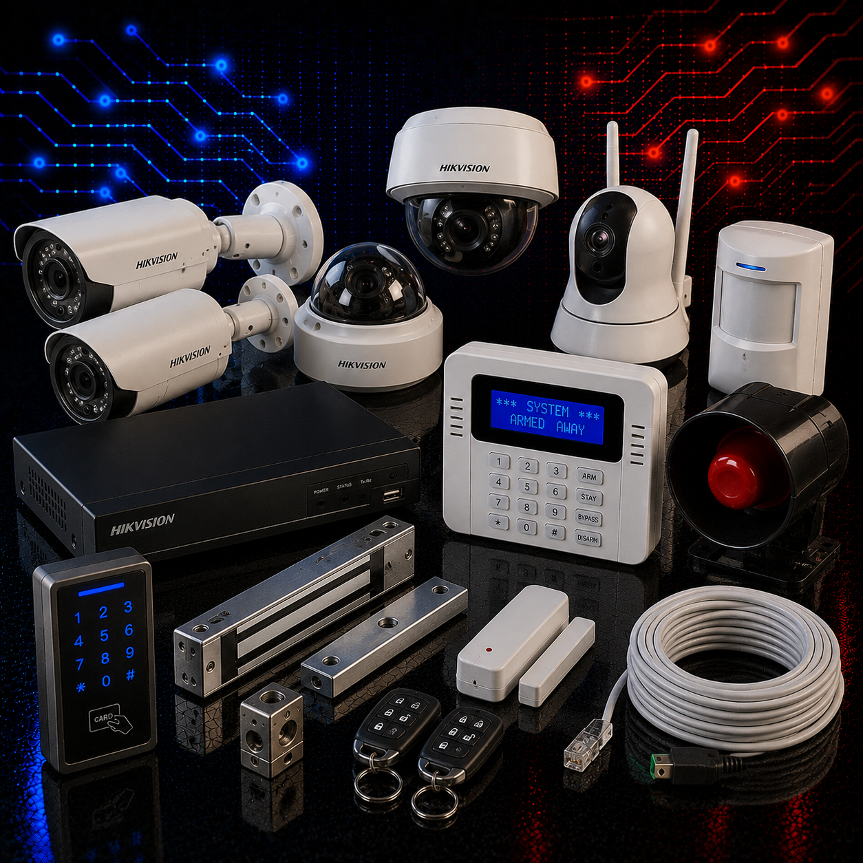 Security cameras, alarm equipment, access control and security system accessories