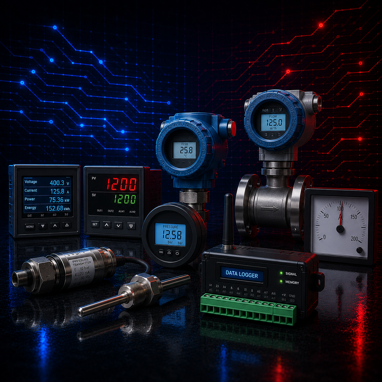 Industrial instruments, transmitters and telemetry monitoring equipment