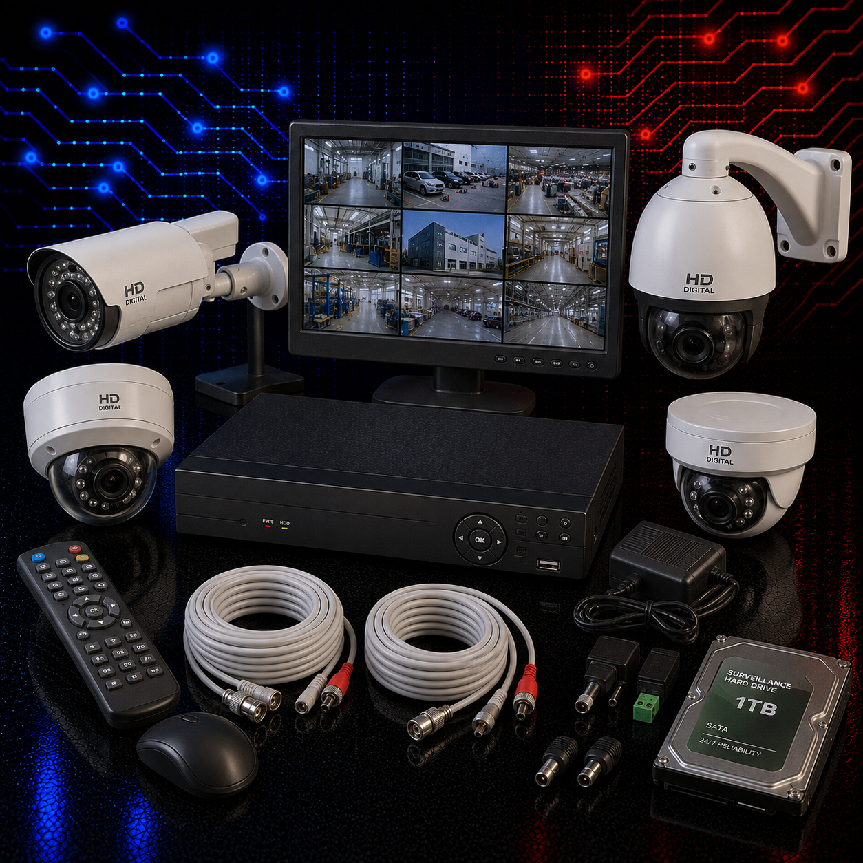 Digital video surveillance cameras, recorder, monitor, cabling and storage equipment