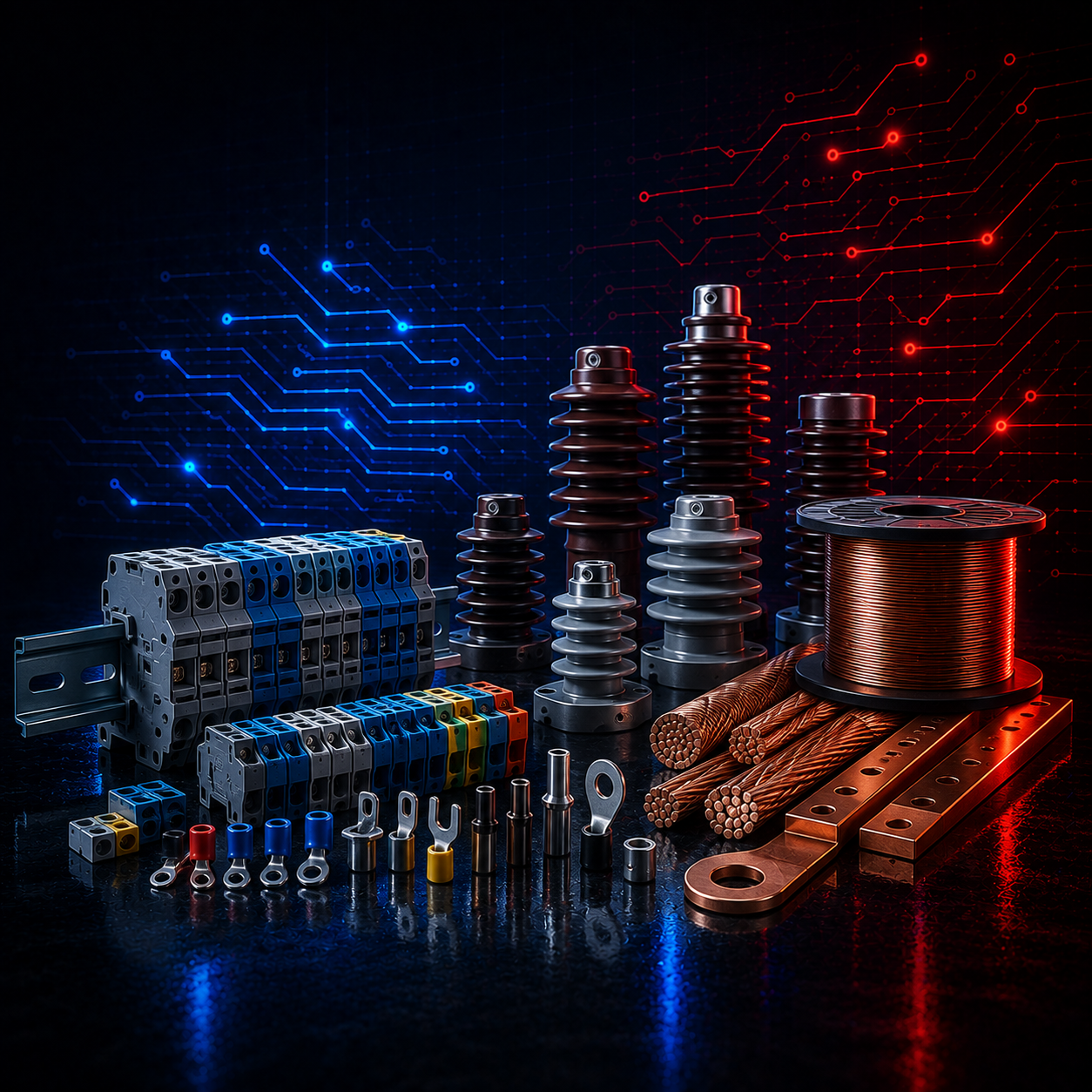 Electrical terminals, industrial insulators and copper components