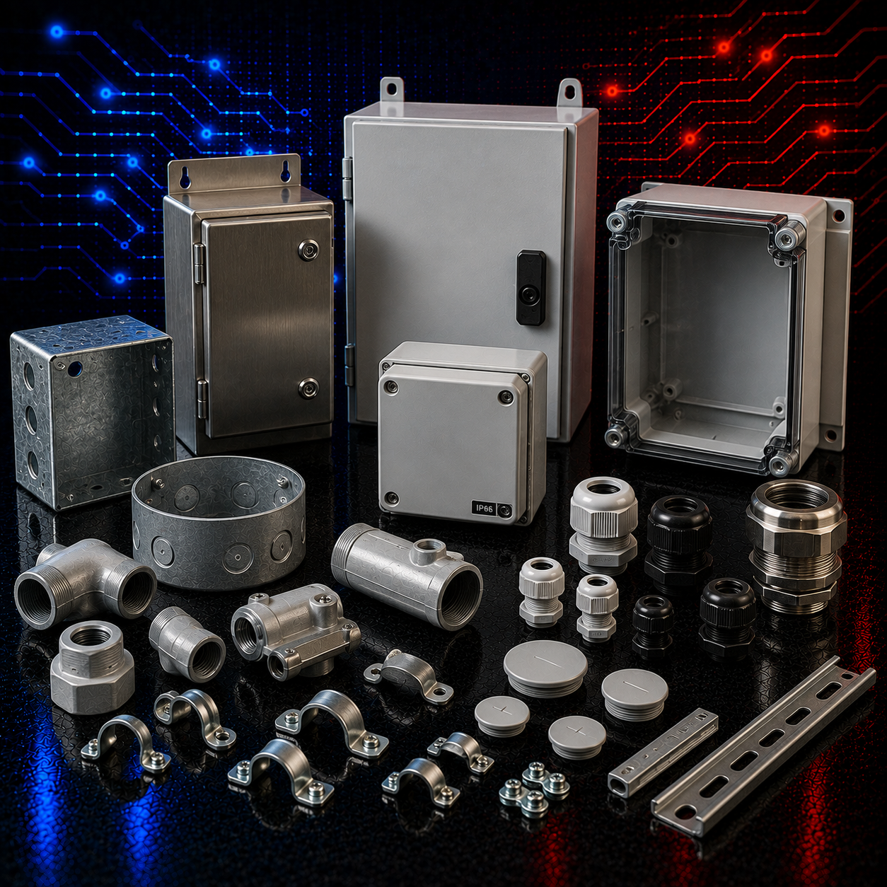 Industrial electrical enclosures, junction boxes, cable glands, conduit fittings and mounting accessories