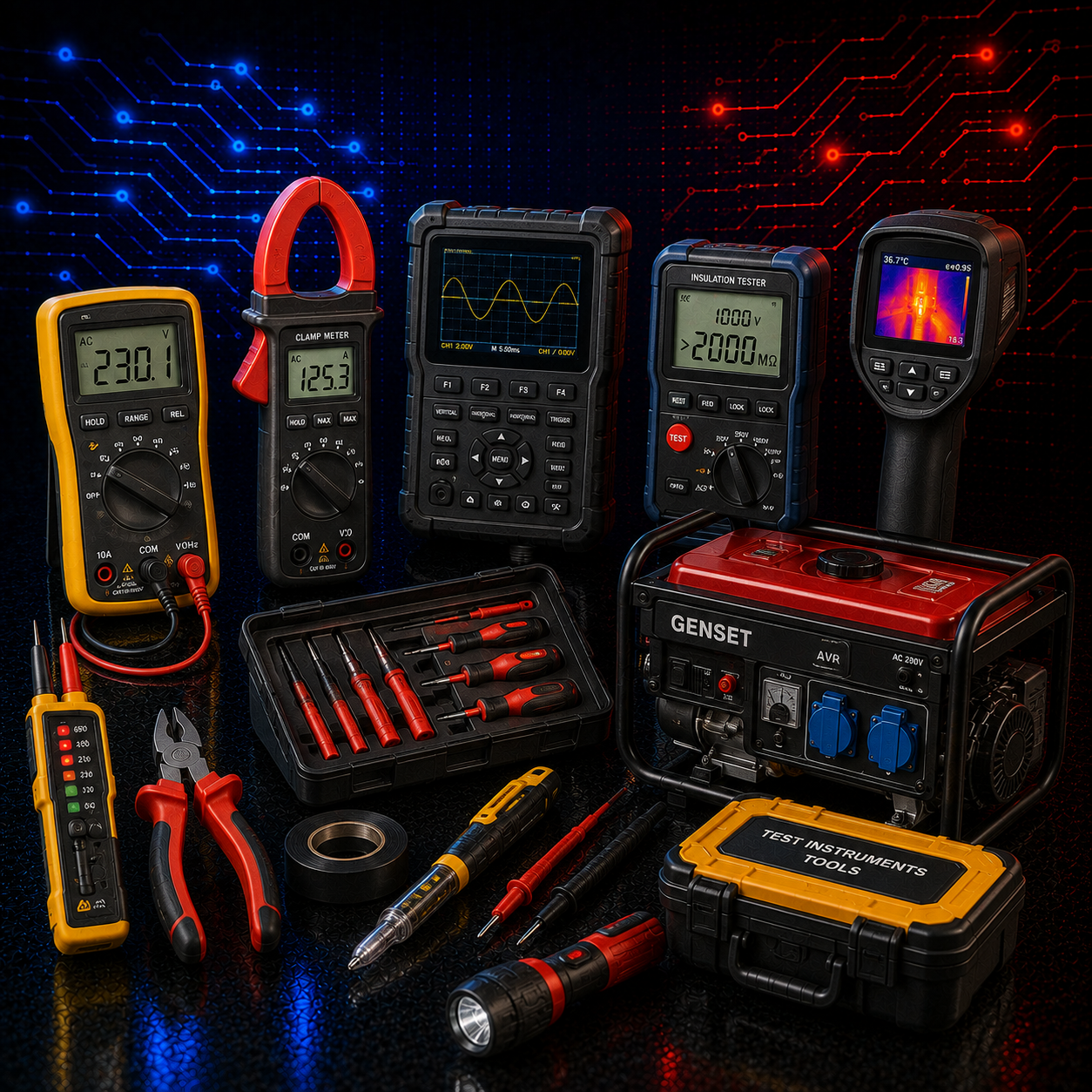 Electrical test instruments, professional tools and portable generator equipment