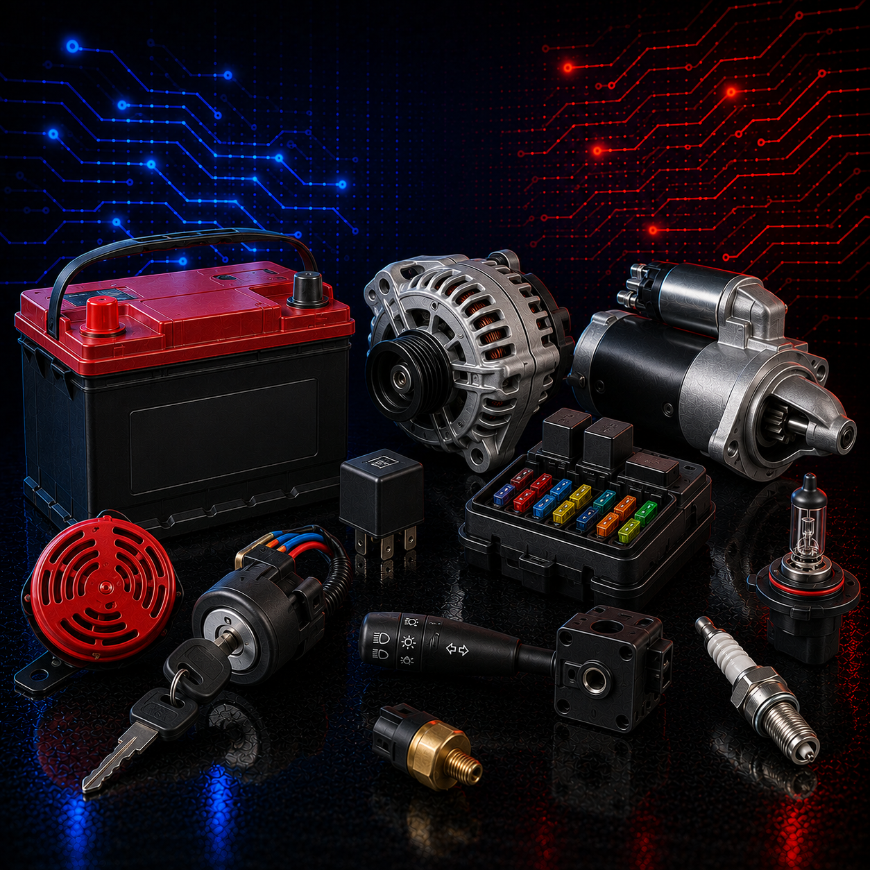 Automotive electrical components including battery, alternator, starter motor, relays and fuses