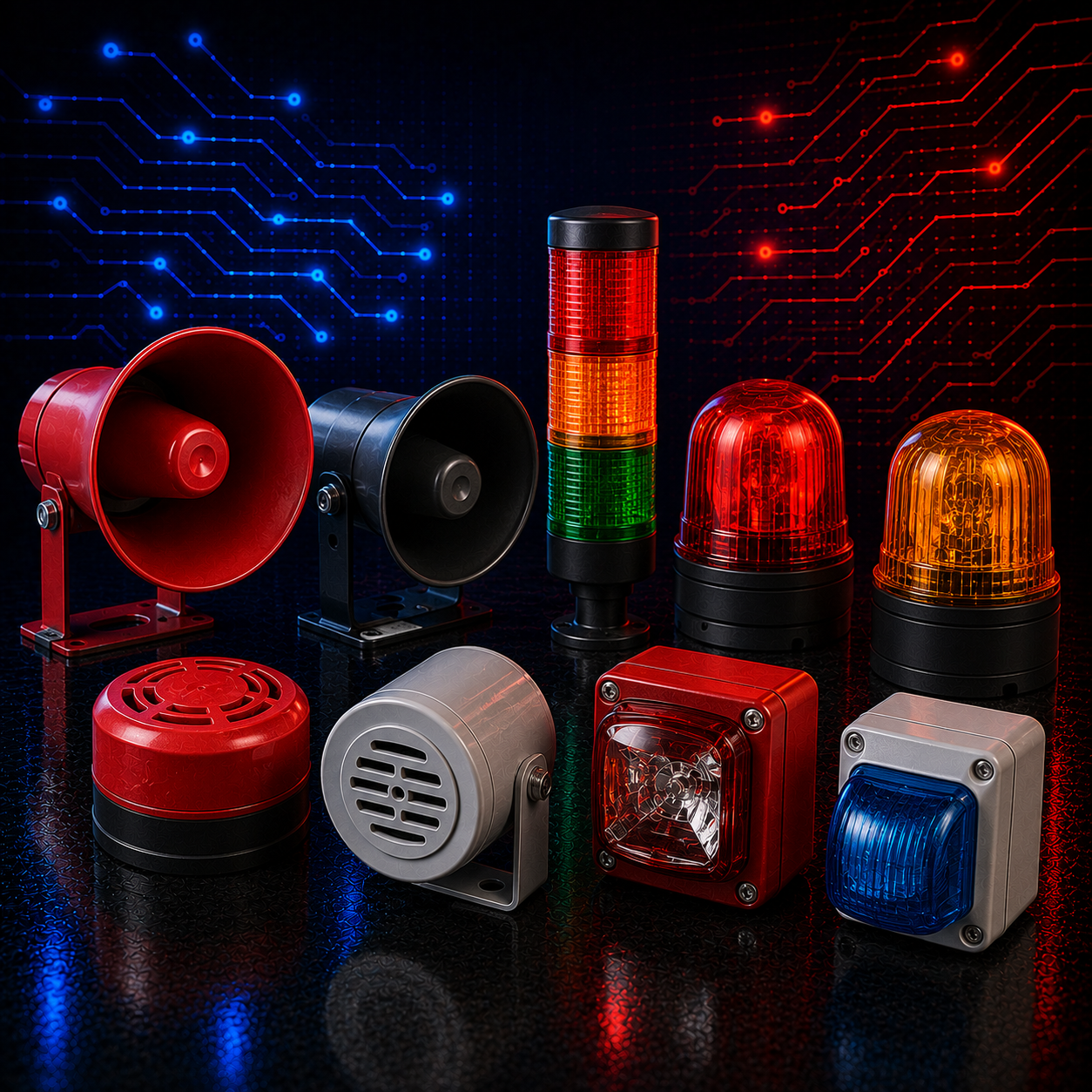 Industrial audio alarms, sirens, warning beacons and visual signalling equipment