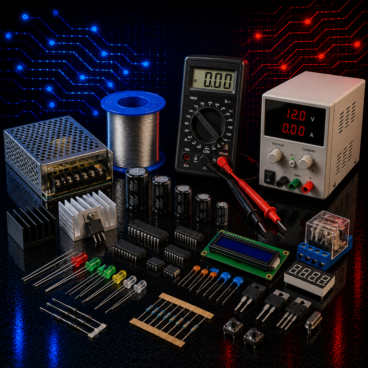Electronic components, semiconductors, relays, LEDs, power supplies and testing equipment