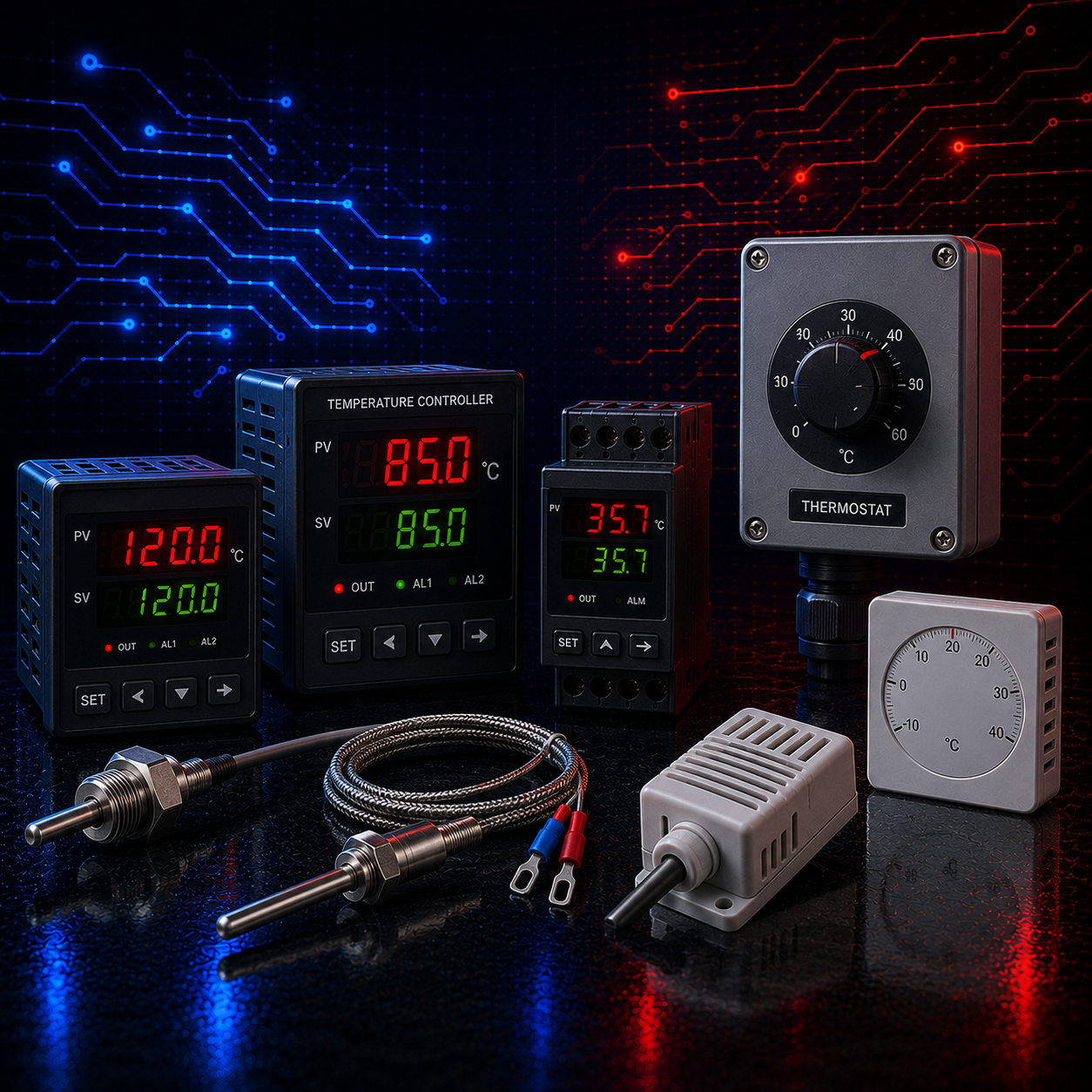 Industrial temperature controllers, thermostats and temperature sensors