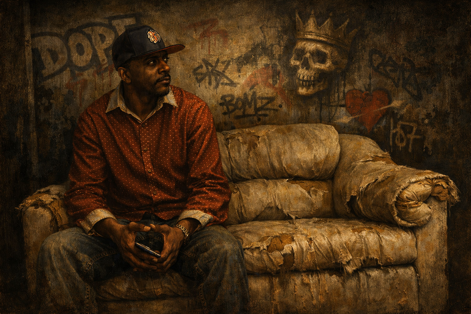 ES-Q — a portrait of resilience: seated figure against a graffiti wall