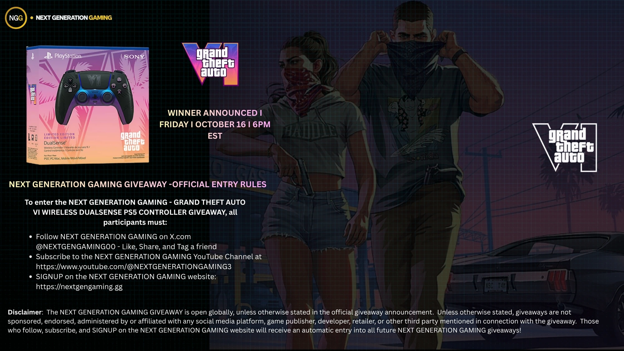 Grand Theft Auto VI DualSense PS5 Wireless Controller Giveaway — Official entry rules and prize details