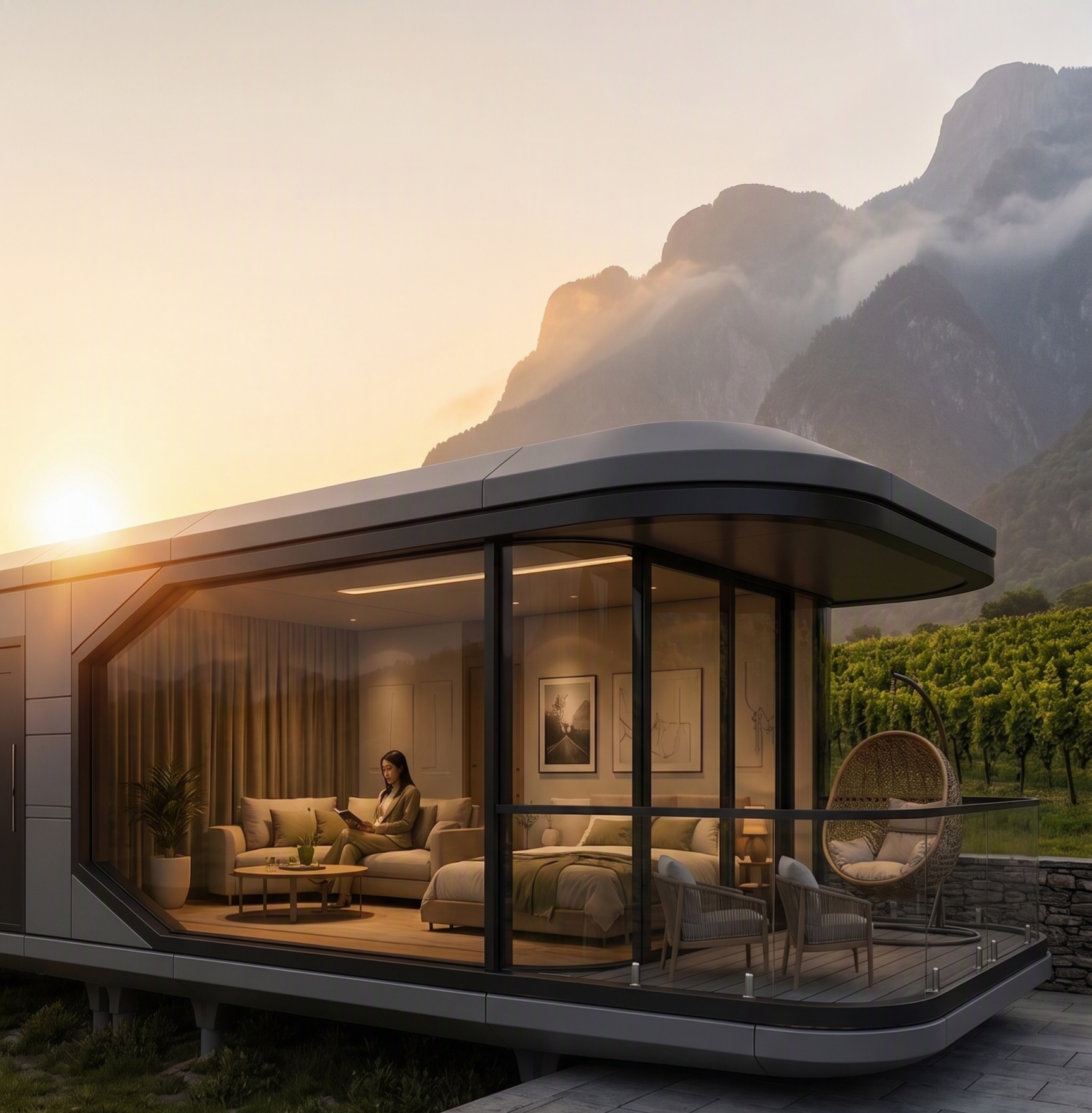 MODULAROOM CS37 luxury modular home in a vineyard at sunrise