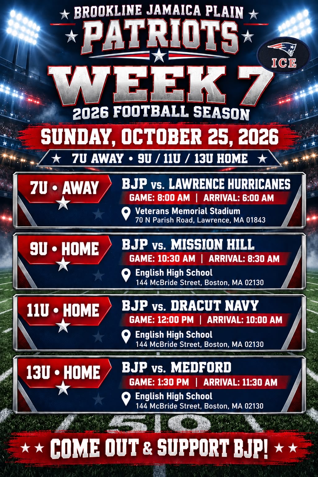 Week 7 Game Day — Sunday, October 25 · 7U Away · 9U / 11U / 13U Home graphic 1 of 1