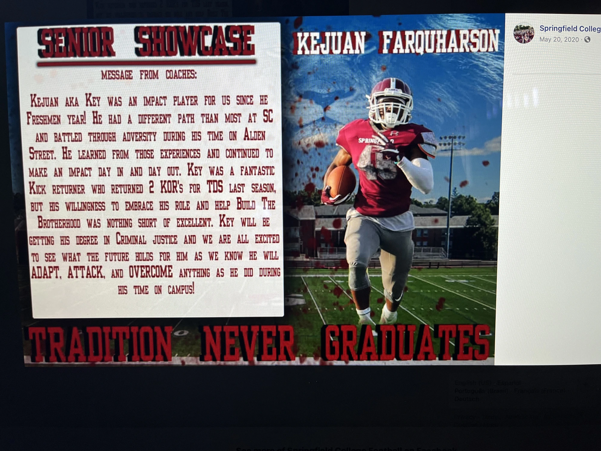 Springfield College Senior Showcase honoring Kejuan Farquharson and sharing a message from his coaches