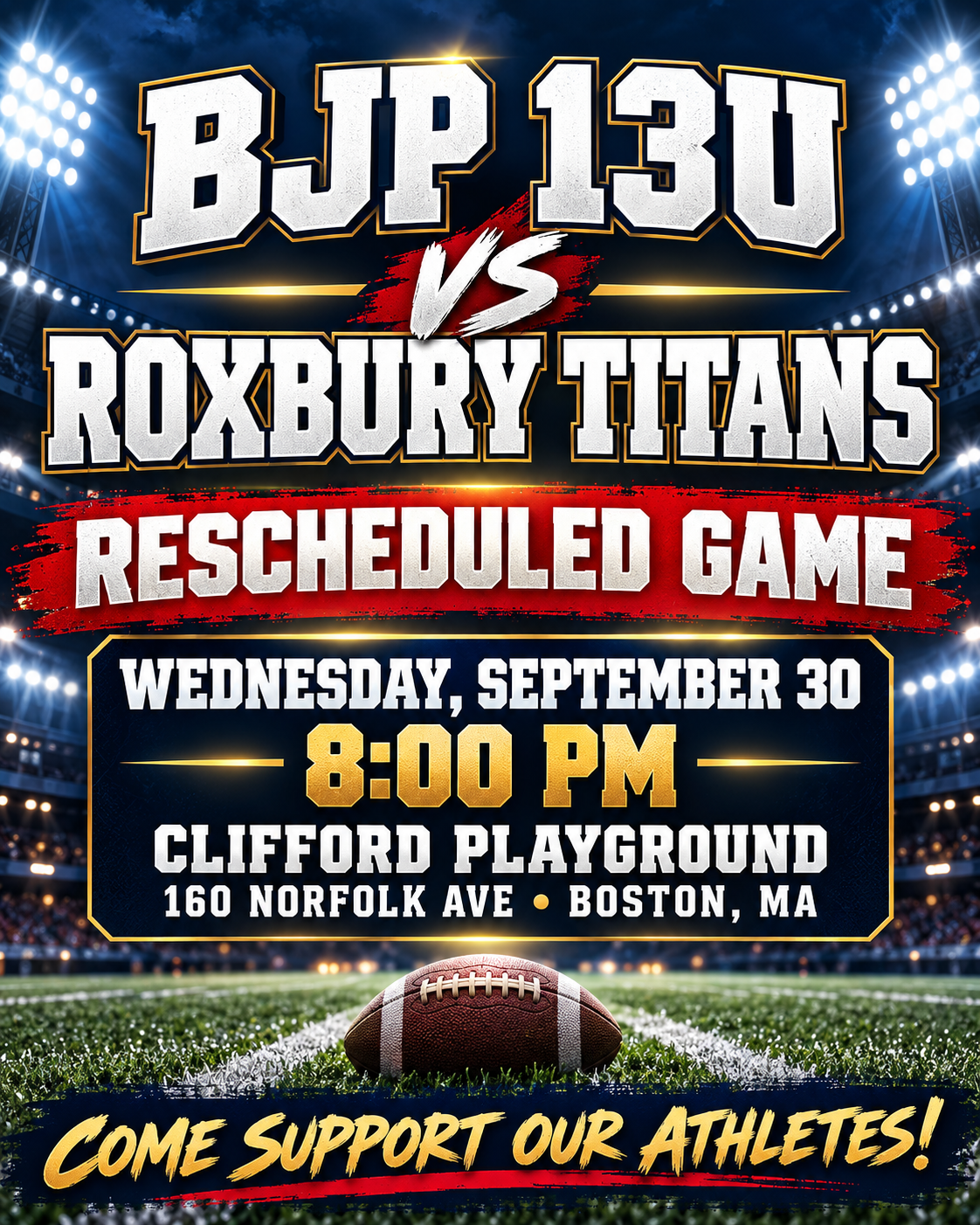 RESCHEDULED — BJP 13U vs Roxbury Titans · Wednesday, September 30 · 8:00 PM graphic 1 of 1