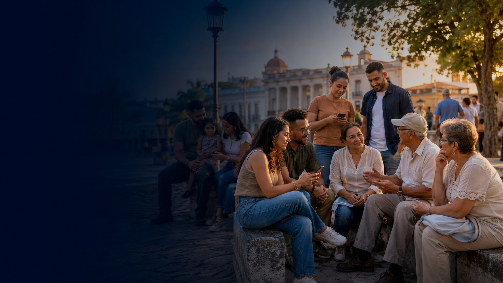 Ciudadanía conversando en una plaza al atardecer