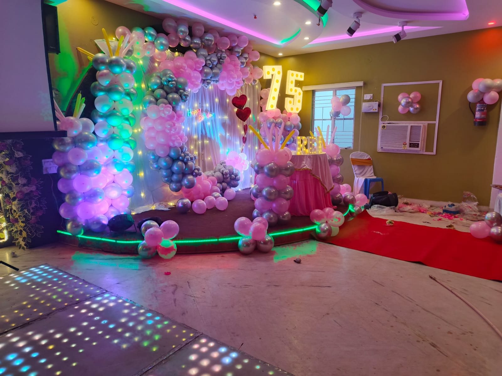 Banquet hall decorated for a birthday celebration, Patna