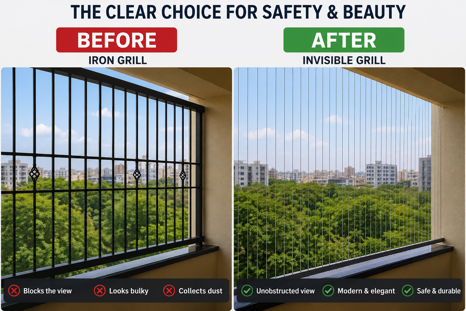 Side by side comparison: on the left a balcony with a bulky black iron grill that blocks the view, collects dust and looks heavy; on the right the same balcony with a PR invisible grill of thin vertical cables giving an unobstructed, modern and durable finish