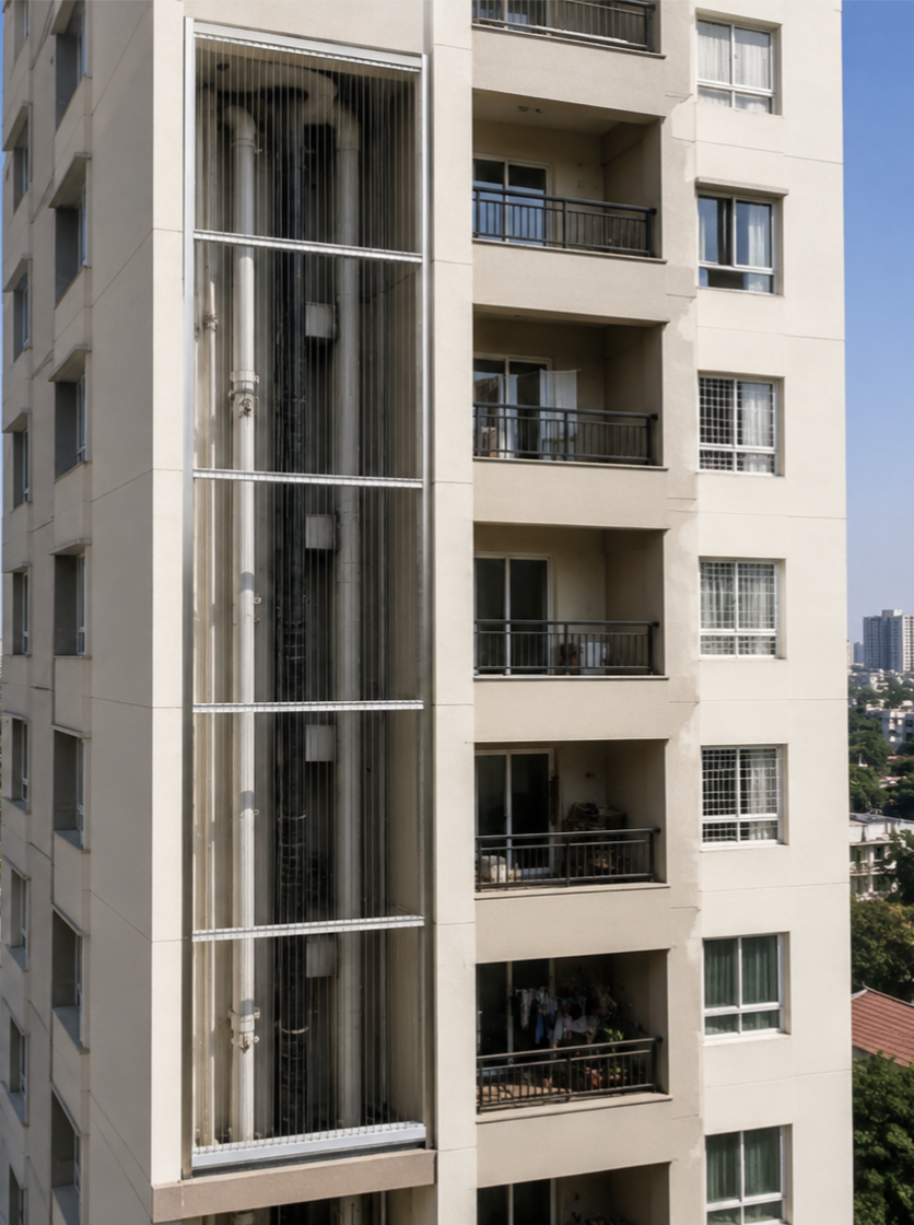 Exterior utility duct shaft of a Bengaluru apartment building covered floor to ceiling with PR invisible grill cables to keep birds and objects out