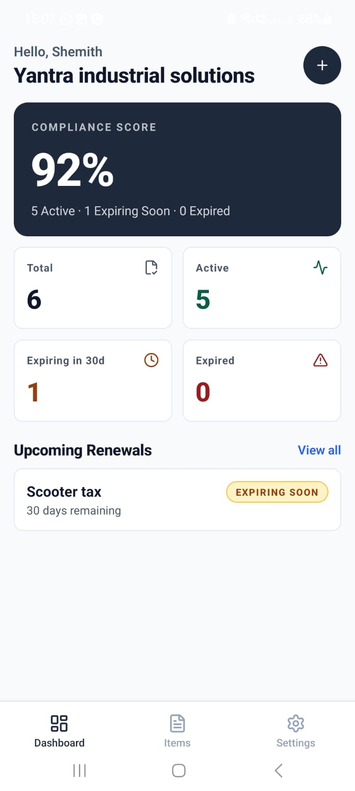 RenewTracker app screen