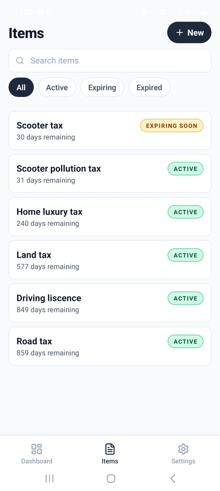 RenewTracker items list