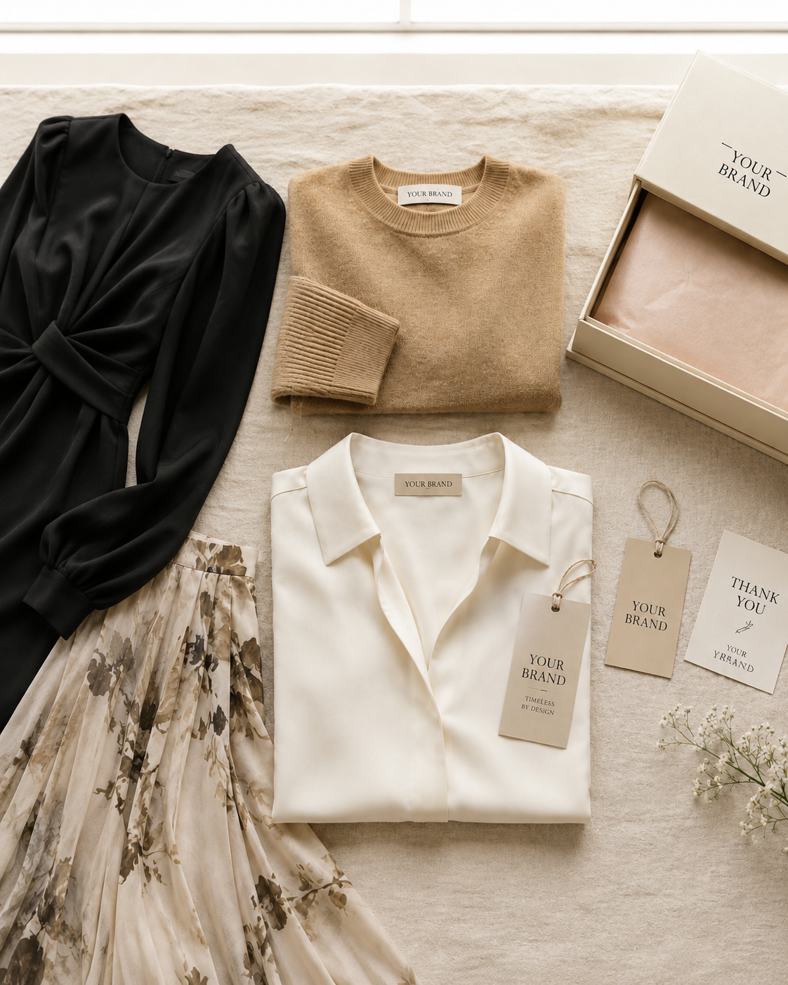 Capi moda donna con etichetta, cartellino e packaging YOUR BRAND