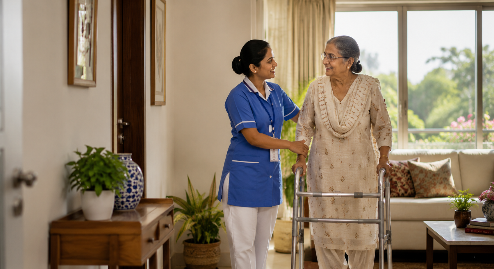 Suraksha caregiver assisting an elderly woman at home