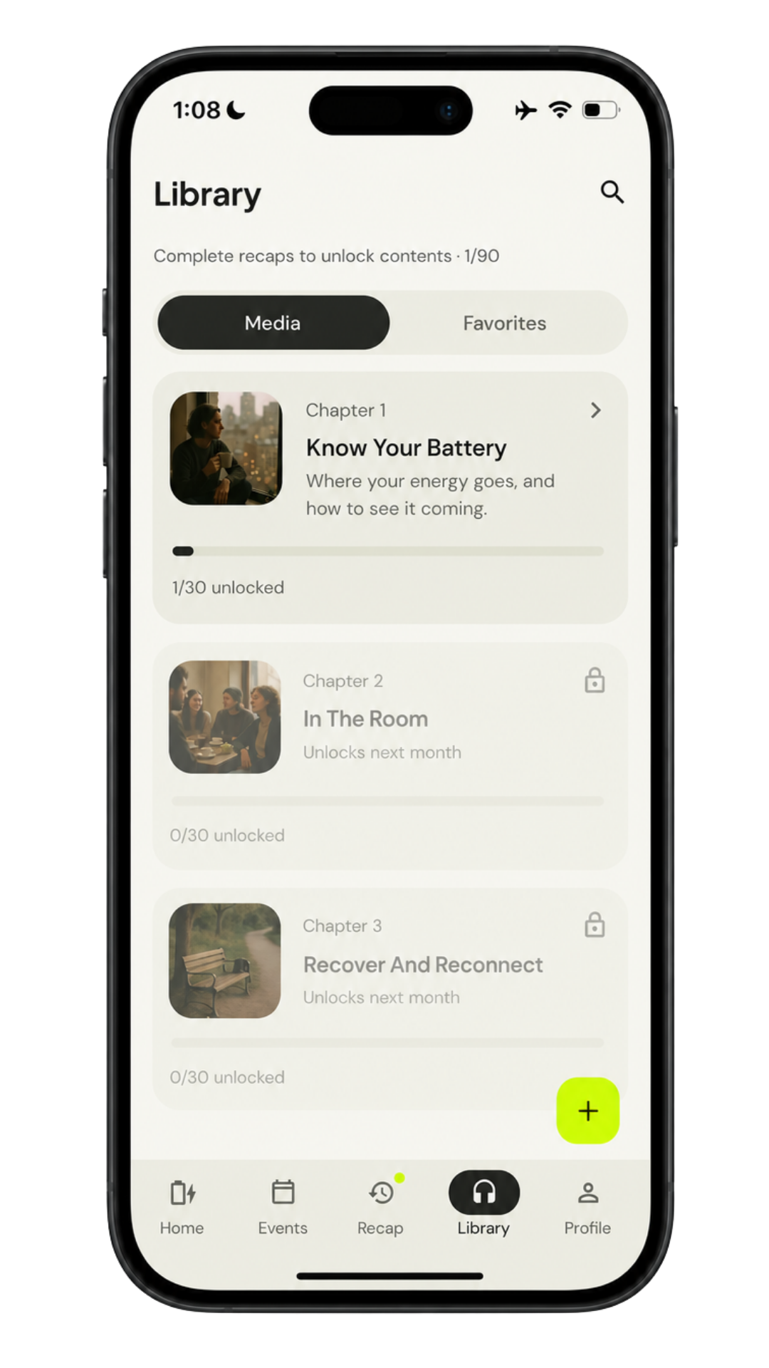 Sollyte library screen showing three chapters of media with unlock progress